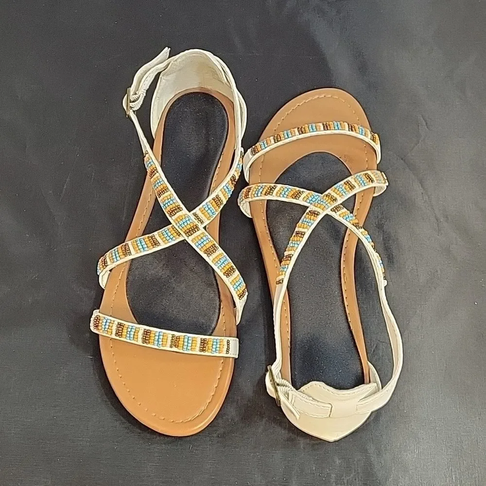 BEADED LEATHER UPPER CRISSCROSS STRAP BACK ANKLE BUCKLE STRAP CLOSURE SANDAL